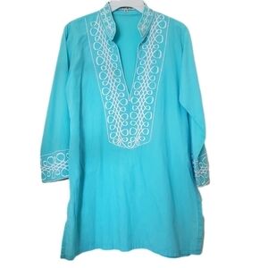 Barbara Gerwit Aqua Blue Popover Tunic Top with White Embroidered Trim‎